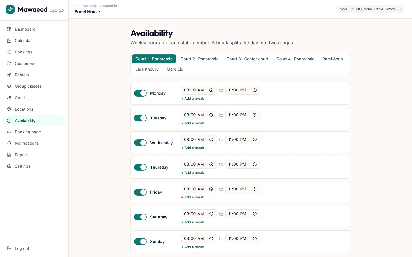 The weekly availability editor