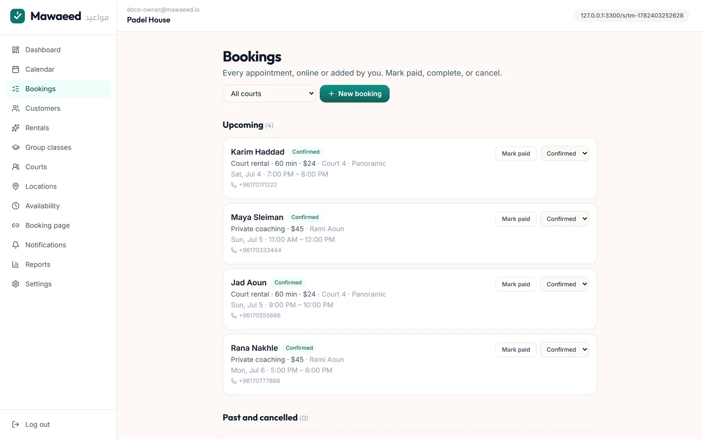The bookings list with statuses