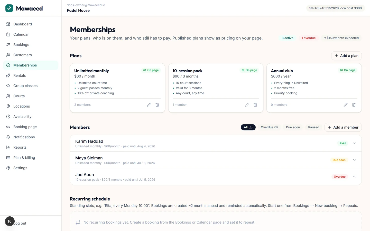 The memberships manager with plans and members