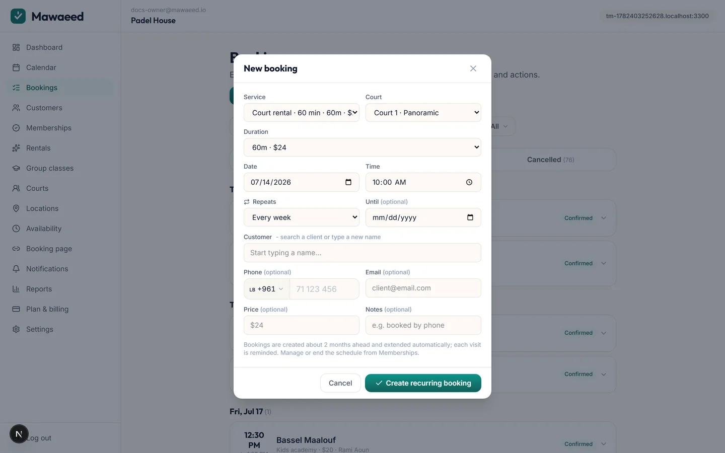 The New booking modal with the Repeats schedule open