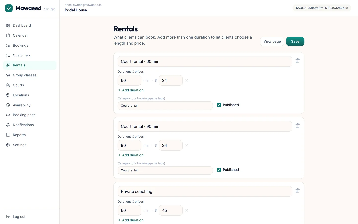The services editor with durations and categories