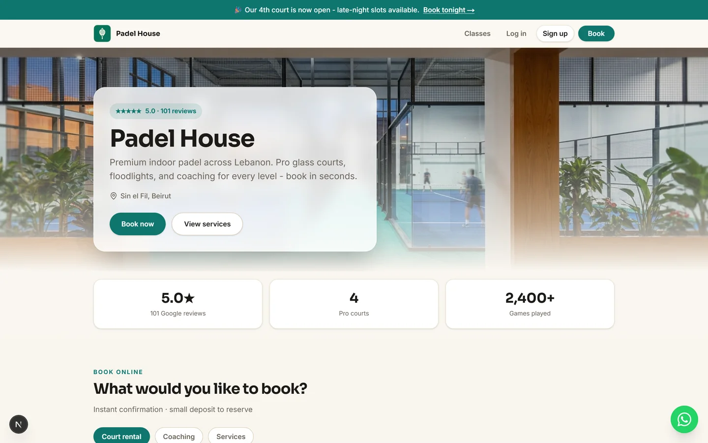 A live Mawaeed booking page (Padel House demo)