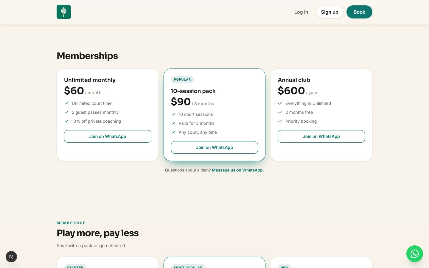 The memberships pricing section on a live booking page